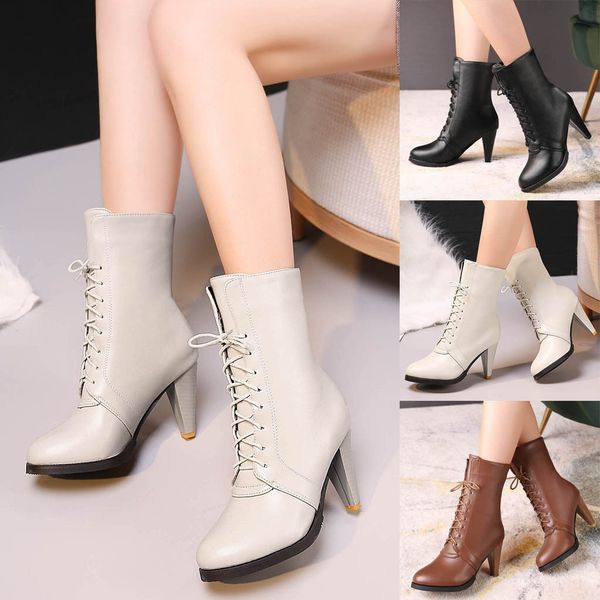

women's lace-up ankle bare boots square heel high casual short tube booties, Black