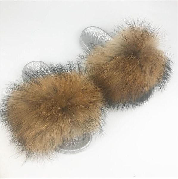 

fur flip flops real raccoon fur slippers women sliders casual fox hair flat fluffy home summer big size 41 furry flip flops shoes wholesale, Black