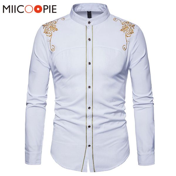 

chemise homme 2018 spring royal court style solid floral embroidered solid dress shirts slim fit casual long sleeve shirt xxl, White;black
