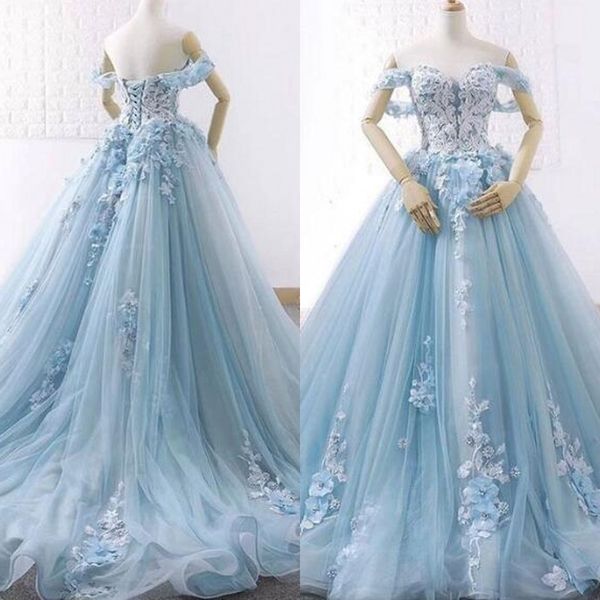 Acheter 2019 Couleur Plus Size Robes De Mariée Chérie De Lépaule Dentelle Appliques Bleu Clair Corset Retour Robes De Mariée Avec Train De Cour De