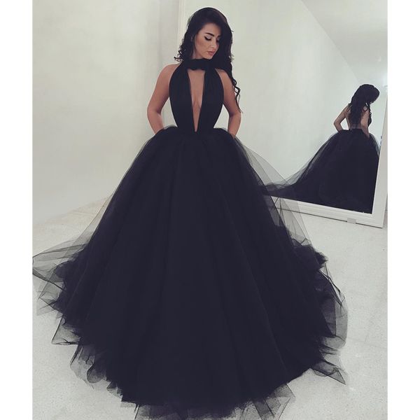 

black tulle princess evening dress halter backless floor length prom party gowns 2019 arabic women dresses, White;black