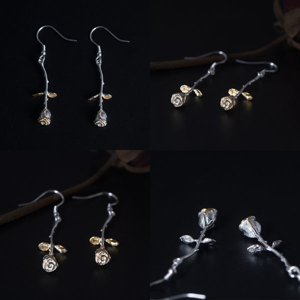 

925 s silver flower ear hook sweet romantic rose earrings woman small fresh long fund earring rhinestones idealway kids earrings, Golden