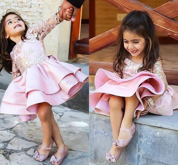 

pink short satin lace pageant dresses long sleeves flower girls dresses for weddings lovely backless little girls party dresses with bow, White;blue