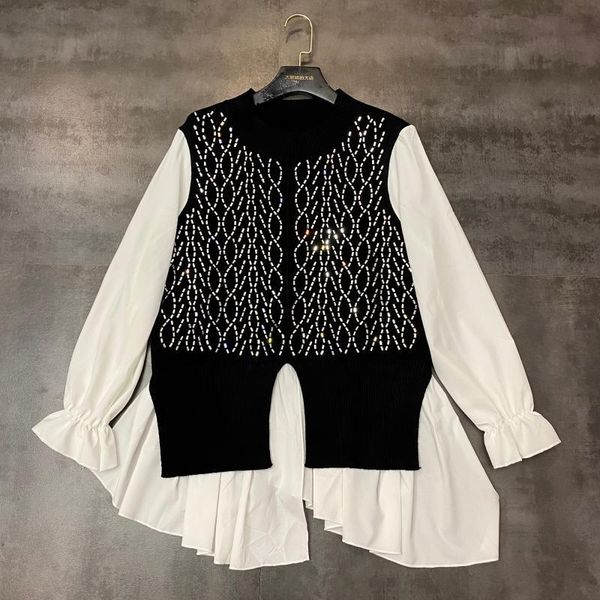 

deat 2020 spring long sleeve o neck knitted patchwork fake two piece set women blouse mh793, White
