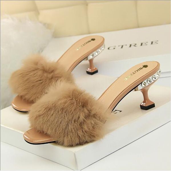 

women's fluffy rabbit fur patent leather slippers luxury fashionhttp classic designer brand slim high-heeled plush women party slippers, Black