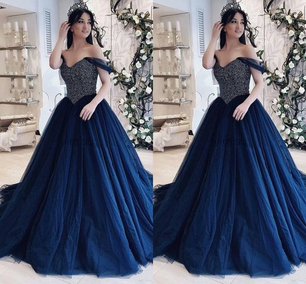 

navy blue off the shoulder ball gown prom dresses long 2020 beaded draped tulle open back quinceanera dress for sweet 16 girls party pageant, Black