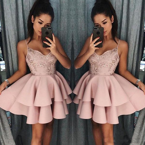 

Dusty Rose Short Homecoming Dresses 2019 Fall Spaghetti Straps A Line Layers Cocktail Dress Lace Sequins Mini Prom Gowns