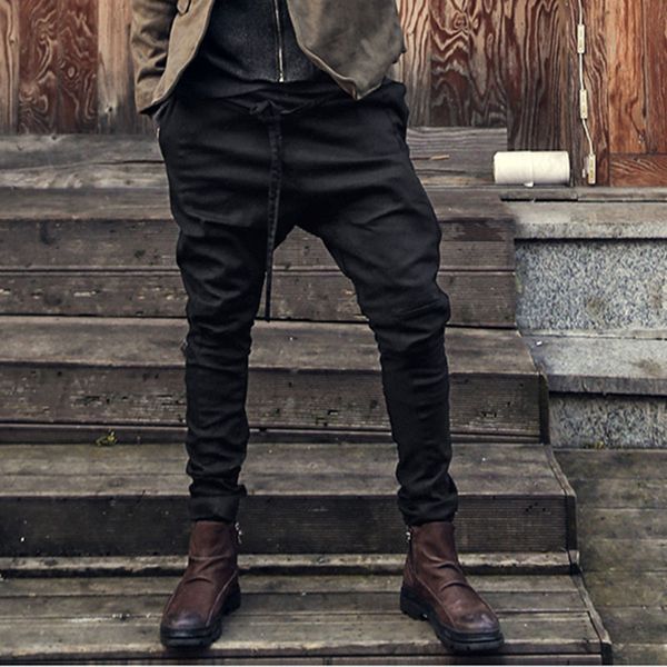 

cotton blend long pants new fashion men harem pants autumn loose casual hip hoptrousers drawstring sashes male, Black