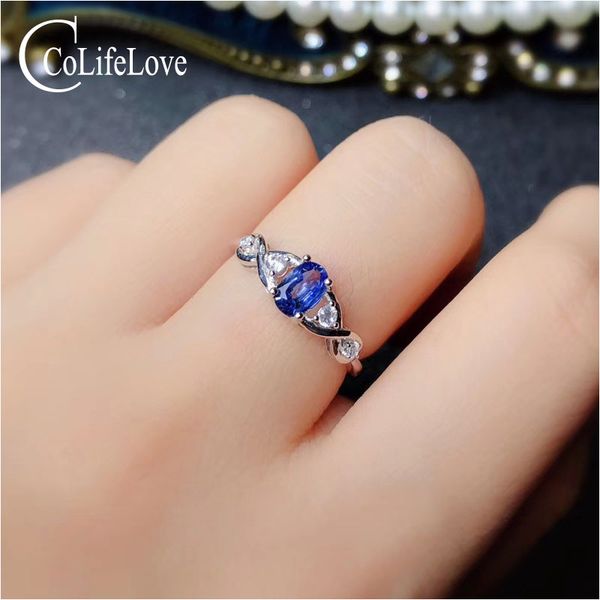 

colife jewelry natural royal blue sapphire ring for engagement 4mm*6mm 0.5ct sapphire 925 silver ring silver jewelry, Golden;silver