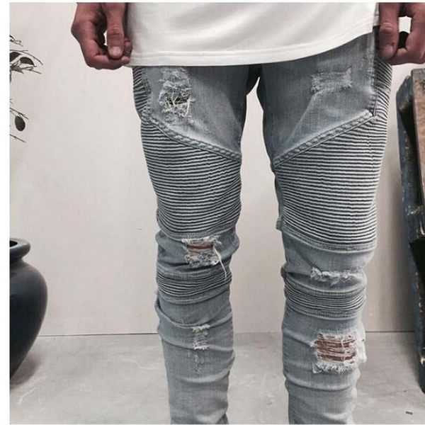 

Wholesale slp blue/black destroyed mens slim denim straight biker skinny jeans Casual Long men ripped jeans Size 28-38 free shipping