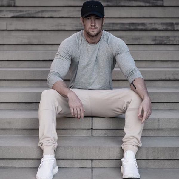 

spring cotton muscle fitness brothers sports long-sleeved t-shirt men's slim fit long sleeve, White;black