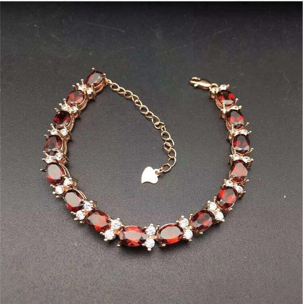 

garnet chain bracelet real natural red garnet 925 sterling silver luxury bracelets gem size 5*7mm 15pcs, Golden;silver