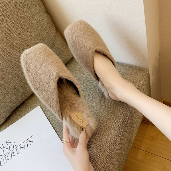 

slippers casual low shoes woman 2019 flock slipers women cover toe fur flip flops luxury new plush rubber slides rome hoof, Black