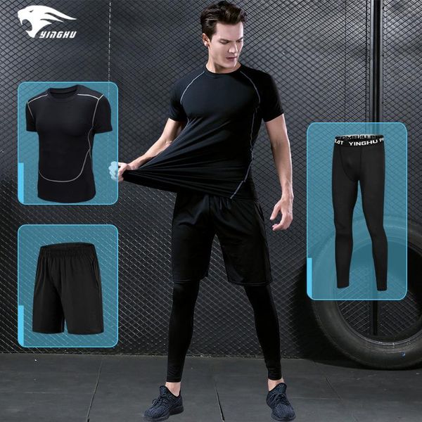 

yinghu 3pcs/set men's sports suit quick drying compression running clothes male gym fitness workout jogging sets, Black;blue