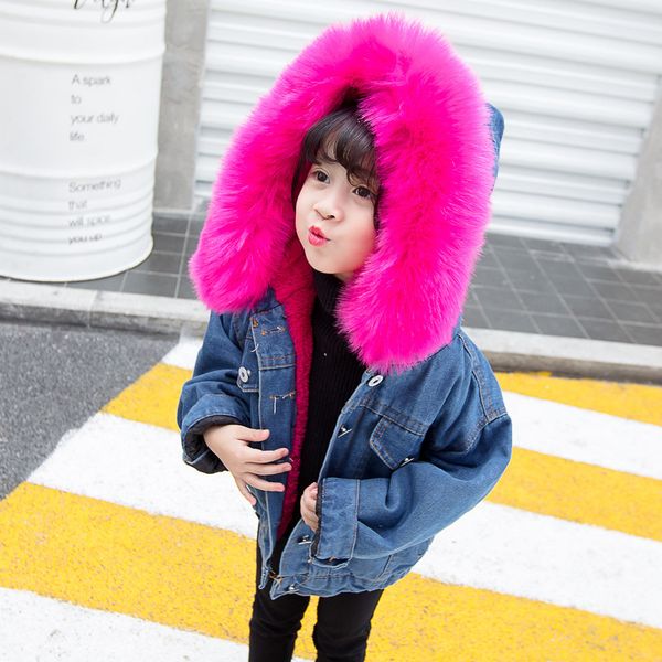 

2019 autumn winter girls big fur collar thick denim jacket coat, Blue;gray