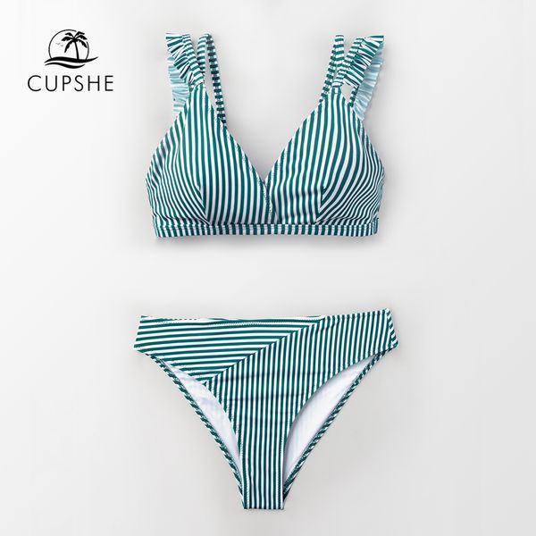 

cupshe cyan and white stripe double straps ruffle bikini sets women sweet two pieces swimsuits 2019 girl beach bathing suits