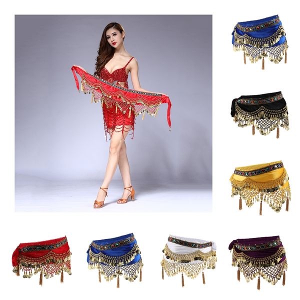 

womens sequins belly dance hip scarf wrap skirt with gold coins, Black;red