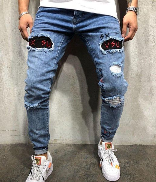 

letter blue pencil pants hiphop street jeans mens designer jeans washed hole summer spring skinny embroidery