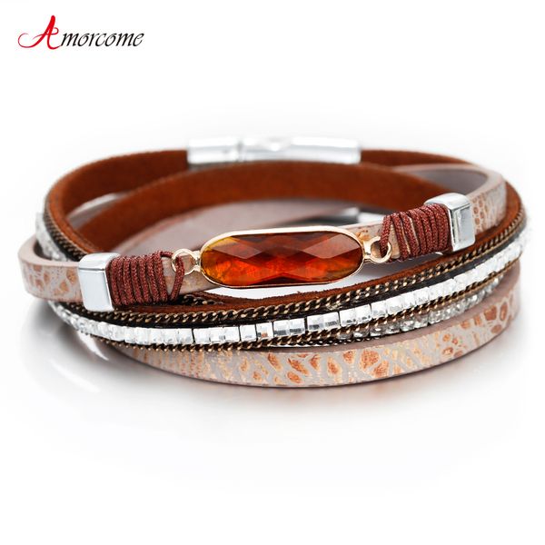

amorcome leather bracelet women jewelry 2019 boho style rhinestone ladies mulati layered wrap leather bracelet female jewelry, Golden;silver