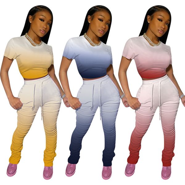 

women gradient ramp sweatsuit solid color 2 piece set short sleeve tee shirtleggings drsigner summer clothes sports running suit 2859, White