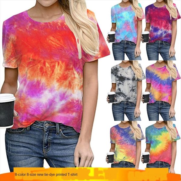 

2020 women's t-shirt tie-dyed positioning printing round collar large size short sleeve t-shirt, White
