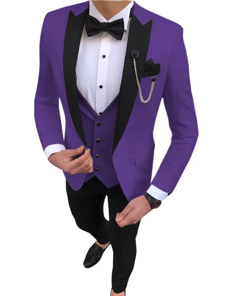 2019 neue heiße lila Männer Anzüge 3 Stück Slim Fit Freizeit Groomsmen 14 Farben Revers Business Smoking für formelle Hochzeit (Blazer + Hose + Weste)