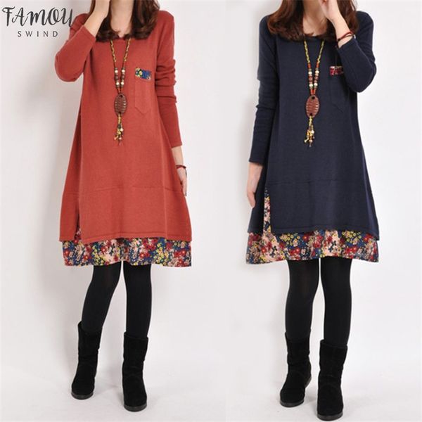 

new fashion winter dress plus size vintage women dress autumn floral printed pocket streetwear patchwork long sleeve loose dress, Black;gray