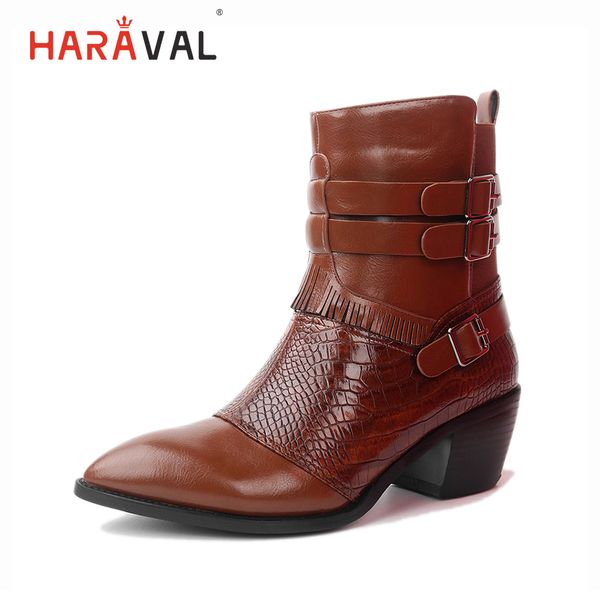 

haraval luxury woman classic ankle boots pointed toe square heel shoes retro buckle warm casual zipper winter boot, Black