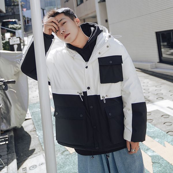 

winter short coat men warm thick parka men fashion hooded cotton coat mens wild hit multi-pocket tooling jacket male clothes, Black