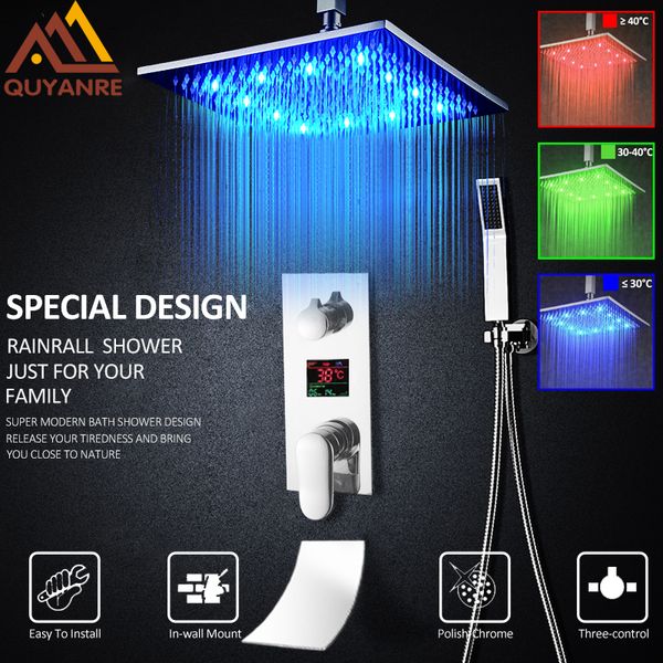 Quyanre 3 função conjunto de torneiras de chuveiro digital led chuvas cabeça de chuveiro cachoeira bico 3 vias digital misturadora do banheiro shower2658