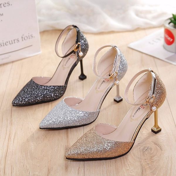 

2019 summer new solid color pointed shallow mouth stiletto high heel women fashion hollow word buckle with korean sandals, Black