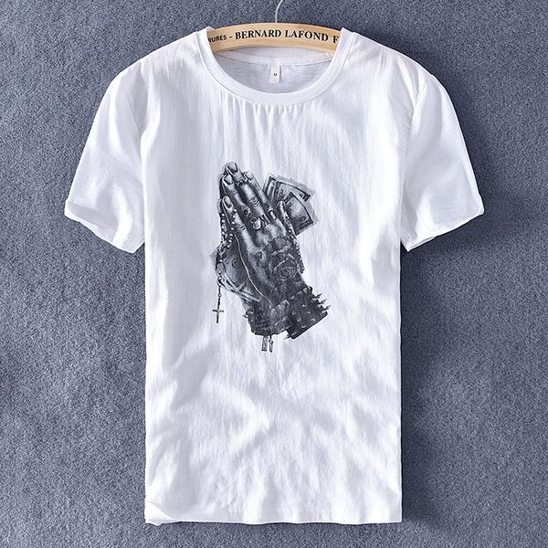 

2020 new men's casual cotton linen splice short sleeve t-shirt embroidery printing o-neck fashion t-shirt for men y2778, White;black