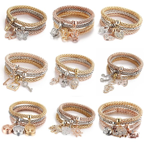 3 colori / set Braccialetti albero della vita donna Corona di cristallo Simbolo musicale Elefante Serratura a chiave Gufo Fascino Bracciale avvolgente Per uomo Gioielli Bulk