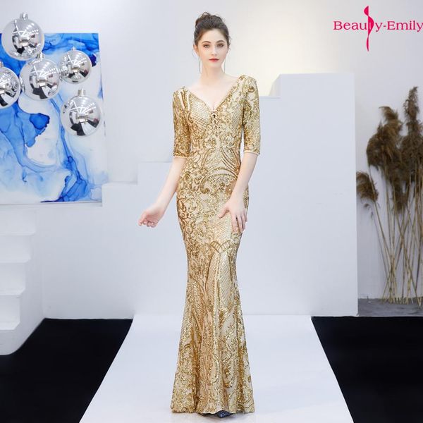 

beauty emily 2019 autumn new v neck half sleeve evening dress long sequins appliques beads lace formal party mermaid dress, White;black