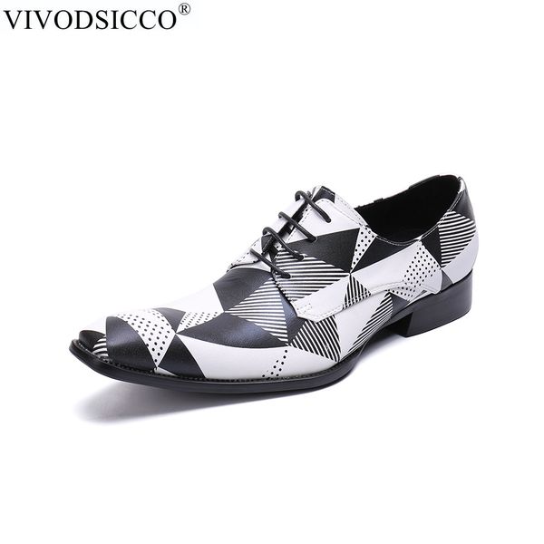 

vivodsicco fashion luxury black white grids pattern leather loafers shining formal dress shoes big size mens wedding party shoes