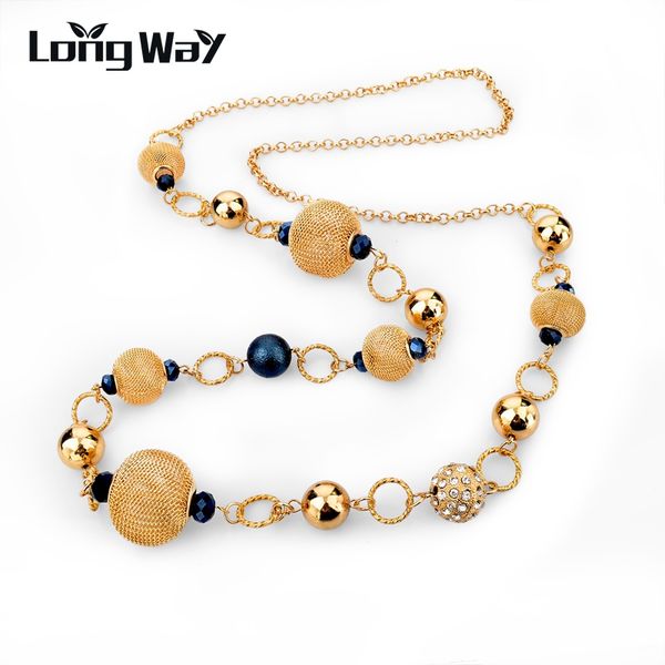 

longway vintage silver color gold color chain necklace jewelry unique yellow blue crystal beads long necklaces women sne150827