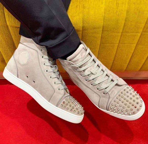 

high grey suede leather spikes casual flats red bottom sneakers shoes for men women luxury fashion brand leisure eu35-47, Black