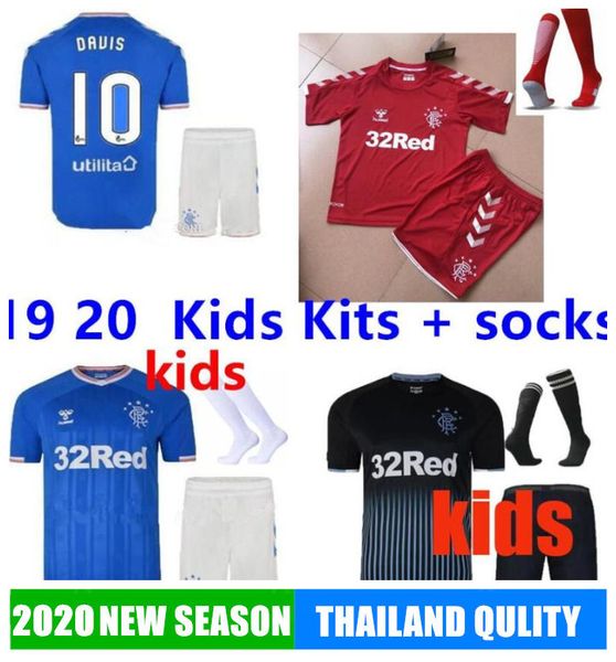

19 20 glasgow rangers soccer jerseys kids kits+socks home away 2019 2020 tavernier kent child davis football shirts calcio futbol, Black