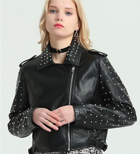 

rivet women's pu leather jackets punk motorcycle biker zip spliced woman's faux fur short slim coats wp013, Black