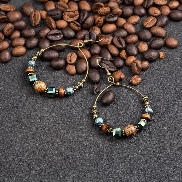 

bohemian crystal earrings for women ethnic big circle round hollow tassel earring vintage metal wooden beads earing jewelry gift, Silver