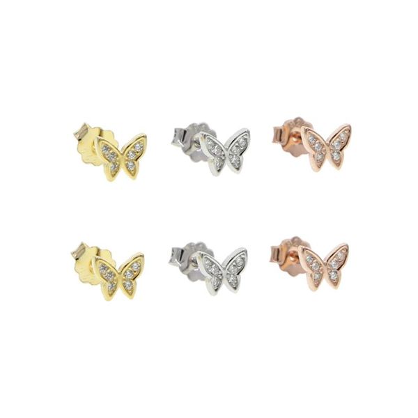 

new 100% 925 silver stud earring with cz pave cute butterfly stud earring mini small for girl sterling silver earrings, Golden;silver