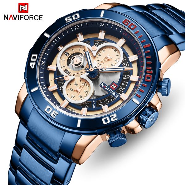 

naviforce stainless steel strap mens quartz watch luxury waterproof chronograph man watches business men clock relogio masculino, Slivery;brown
