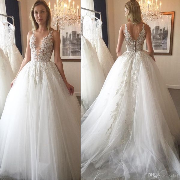 

zuhair murad свадебные платья кружева аппликация прозрачная глубокая шея тюль часовня a-line с открытой спиной sweep поезд свадебные платья, White