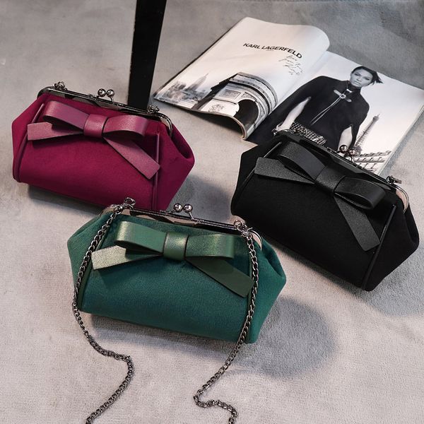 

kiss lock vintage crossbody bags for women luxury small velvet shoulder bag bow applique chain purse women black green wine red