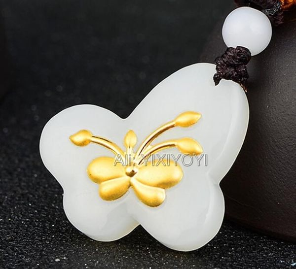

natural white hetian jade + 18k solid gold carved butterfly lucky amulet pendant + necklace fine jewelry certificate, Silver