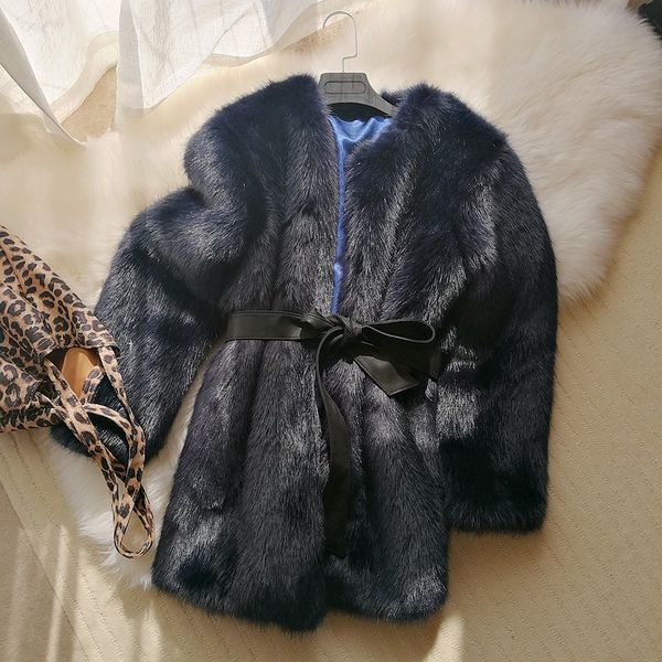 

korean fashion 2019 winter women thick warm faux fur coats imitation fur medium long navy blue fake jackets, Black