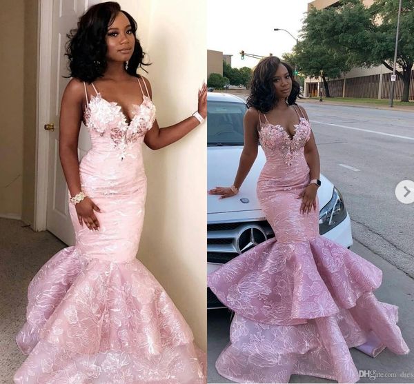 

2019 pink mermaid prom dresses new spaghetti lace 3d floral appliqued beaded evening gowns tiered skirts black girl robes de soirÃ©e