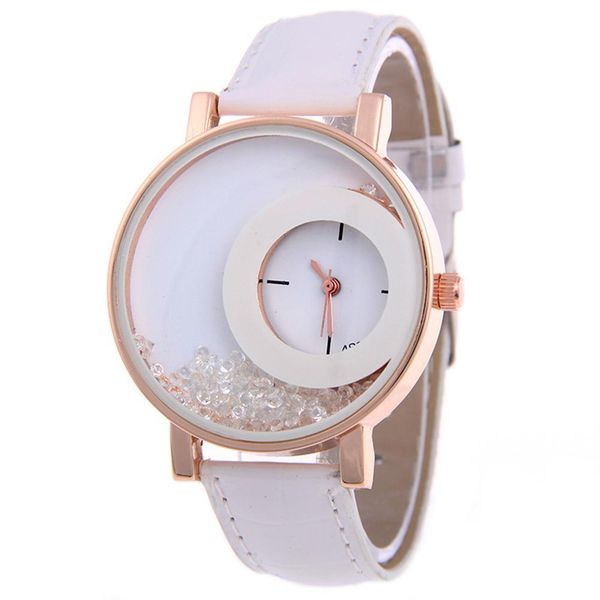 

unique quicksand rhinestone designed round dial adjustable faux leather strap analog quartz watch women gift reloj hombre, Slivery;brown