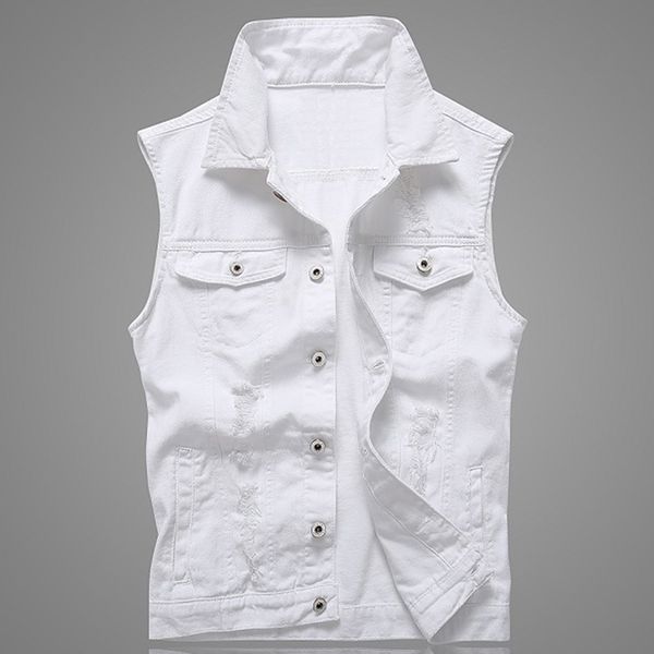 

hole denim waistcoat men white jeans vest solid rock vests for men fashions summer sleeveless jacket 5xl punk biker ripped, Black;white
