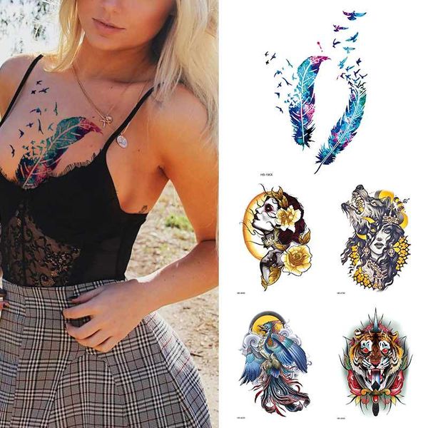 

1pcs feather wolf forest tribal moon temporary tattoos sticker rose girl animal fake tattoo for women men body art tatoos
